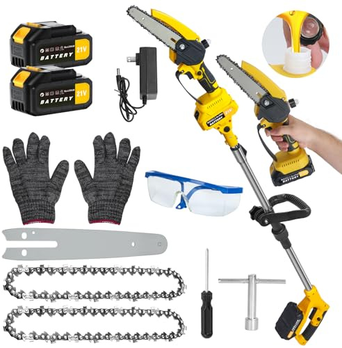 Scie Sur Perche 2-En-1 Sans Fil, Scie À Chaîne Mini Électrique Avec Perche Télescopique & 2 Batteries 21V 1,5Ah, Extension Maximale De 12 Pieds Pour Élagage D'Arbres