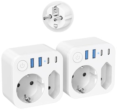2 Stück Steckdosenleiste mit USB (2 Typ-C), SUDEERY 2 Fach Mehrfachstecker mit Schalter, Doppelstecker für Steckdose, Wand Ladegerät, Weiß