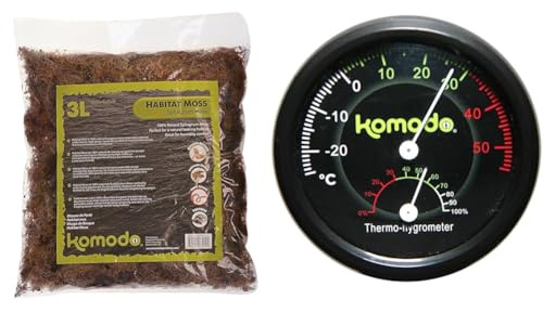 Komodo Habitat Moss 3 L & Combined Thermometer & Hygrometer Analog 0.04 kg – Reptile Substrate and Climate Control Kit
