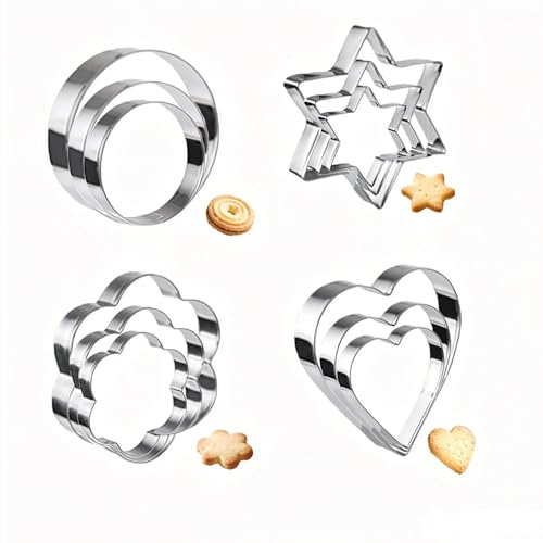 12Pcs Metal Cookie Cutters Set,for Kitchen Baking Biscuits and Mini Molds | Heart Flower Round Star Shape Biscuit Stainless Steel Metal Molds Cutters