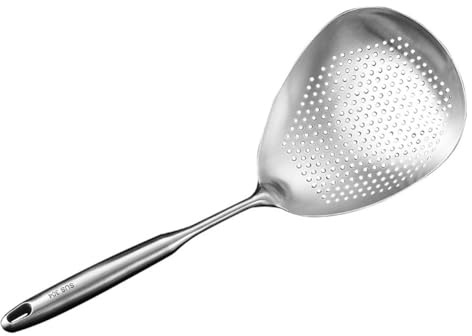 Gettimore Cucchiaio filtrante in acciaio inossidabile 304 per tagliatelle, gnocchi, uova, design ispessito con fori grandi e spessi, manico ergonomico e foro per appenderlo, argento (35,8 x 12,7 cm)