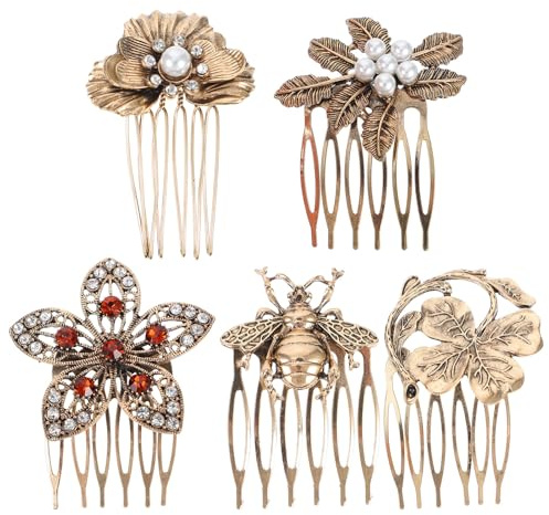 FOMIYES Peines Laterales Cabello 5 Pcs Tamaño Único Aleación Retro Diseño de Hojas y Gemas Perla para Damas Uso Boda Fiesta Ocio Elegante Acccesorios de Peineta