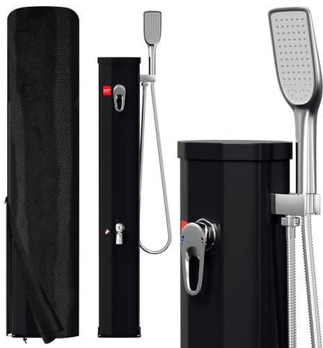 Mantigositeen 20L Solardusche, Halbe Duschsäule in Schwarz mit Solarheizung, Handbrause, Wasserhahn und Schnellentwässerung, Inklusive Abdeckplane für Garten und Poolbereich