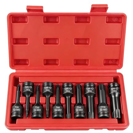 MIGUBIGU 10 Piezas Juego de Llaves de Vaso Torx 1/2'' T20 T25 T30 T40 T45 T50 T55 T60 T70 T80, Maletin Puntas Torx 1/2 con Caja, para Coche, Reparación del Motor con Caja Roja