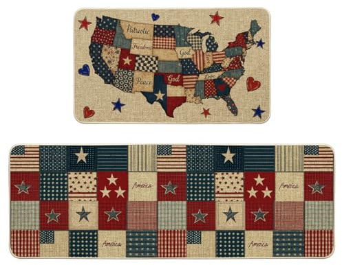 Artoid Mode American Map Stars Buffalo Plaid Patriotic 4th of July Kitchen Mats Set of 2, Memorial Day Home Decor Kitchen Rugs for Floor - 17x29 and 17x47 Inch