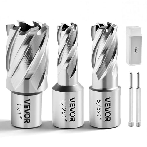 VEVOR Juego de Cortadores Anulares 5 Piezas, Juego de Brocas HSS M2AL de Vástago Weldon, Profundidad de Corte 25,4 mm, Diámetro 12,7-25,4 mm con 2 Pasadores Guía, 3 Cortadores para Taladro Magnético