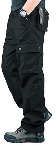 YOUCAI Mens Cargo Trousers Cotton Work Pants Multi Pockets Tactical Pants Outdoor Camping Jogging Hiking Trouser Loose Fit Combat Pants,6 Pockets Black,32