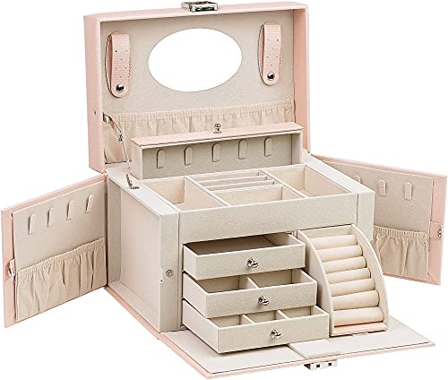 ADEL DREAM Schmuckkasten Schmuckkästchen Schmuckkoffer groß abschließbar mit Spiegel schmuck box jewellery box für Ringe Ohrringe geschenk grosse schmuckbox abschließbar Rosa