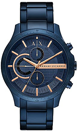Armani Exchange Orologio per uomo, Movimento cronografo al quarzo e cassa da 46 mm con cinturino in acciaio, Blu scuro