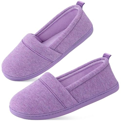 EverFoams Womens' Memory Foam Comfort Knit House Shoes Light Weight Terry Cloth Loafer Slippers with Anti-Skid Rubber Sole Purple 5 UK