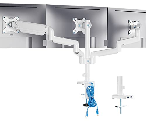WALI Dreifache Monitorhalterung, 3 Monitorständer, Schreibtischhalterung mit Premium-Gasfederarm, für Bildschirme bis 27 Zoll, VESA 75x75 oder 100x100 mm (GSDM003W-U), Weiß