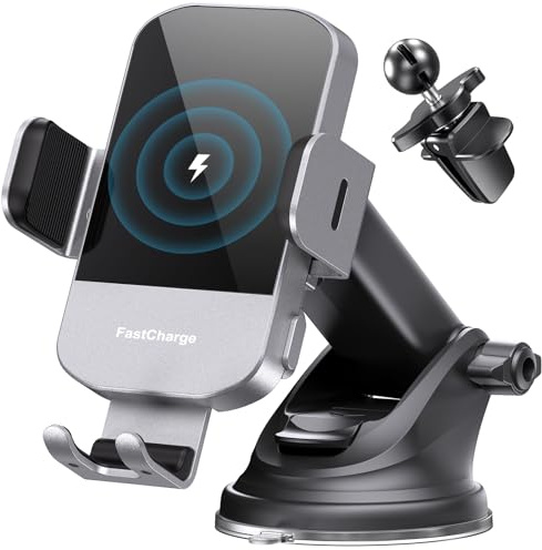 CHGeek Wireless Car Charger, 15W Fast Charging Auto Clamping Car Charger Phone Mount Phone Holder fit for iPhone 16 15 14 13 12 Pro Max 11 XS, Samsung Galaxy S24 Ultra S23 S22 S21, S20, S10+, Silvery