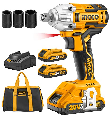 Ingco Pistola de Impacto, 300Nm Llave de Impacto sin Escobillas, 20V Inalámbrica con Batería de 2.0 Ah, 3pcs Vasos de Impacto Profundo 17, 19, 21 mm