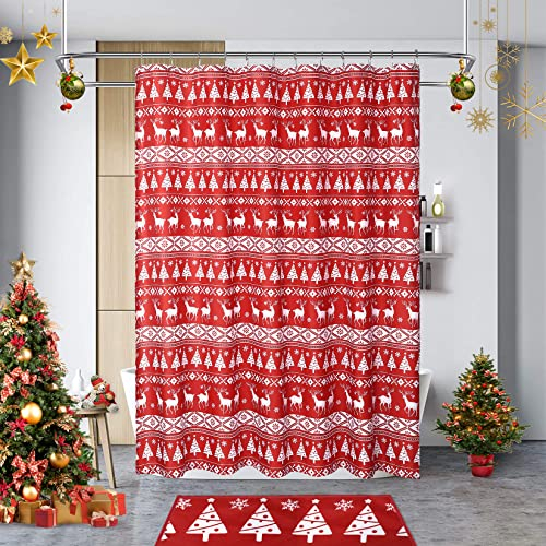 LinTimes Merry Christmas Shower Curtain, Happy New Year Xmas Tree and Deer Pattern Waterproof Bathroom Bath Curtains,35 x 72 Inch Red
