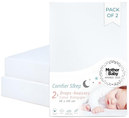 Drap Housse Bebe 60x120 – 100% Coton Biologique – Lot de 2 Draps 60x120 Lit Bebe et Respirants pour Lit Bébé – Couleur Blanc