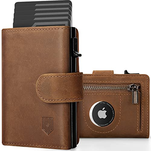 DODENSHA Portafoglio Uomo Airtag Pelle Piccolo | Porta Carte Credito Schermato | Portafoglio Uomo Slim RFID con Portamonete | Custodia in Metallo Pop-up per 8-10 Carte | Slot ID | Marrone