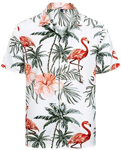 J.VER Hawaiian Shirts for Men Christmas Short Sleeve Shirt Casual Summer Beach Holiday Party Aloha Funky Flower Printed Vacation Tops Flamingo White M