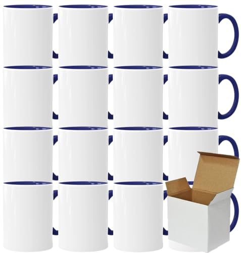 Acen Merchandise Lot de 24 tasses à sublimation sans impression en céramique de qualité supérieure - Gobelets à sublimation avec encre - Intérieur et anse bleu foncé