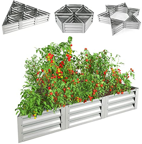 COSTWAY Letto da Giardino Rialzato Galvanizzato Triangolare, Kit di 6 Scatole Metalliche per Ortaggi, Fiori e Erbe, Fioriera da Giardino, Cortile e Balcone, Guanti Inclusi, 150 x 150 x 30cm