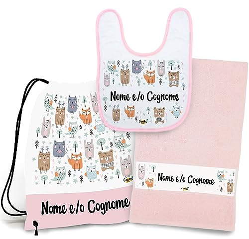 Caribu design Set Asilo Personalizzato con Nome per Bimbo Bimba Sacca + Bavaglino + Asciugamano per Asilo Nido Scuola Materna Maschio Femmina (Animali Foresta)