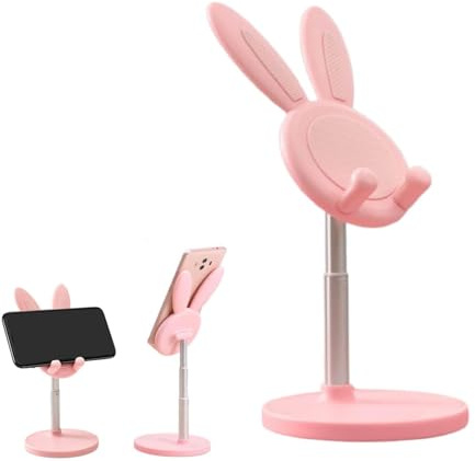 Cyrank Supporto Per Cellulare Regolabile Da Tavolo, Supporto Telefono Scrivania Coniglio Con Dock Di Ricarica Del Cellulare, Rotazione A 60° 18 to 26cm Per Tablet, Smartphone(Rosa)