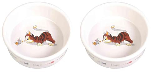 Trixie Ceramic Cat Bowl with Motif, 0.2 Litre, White (Pack of 2)