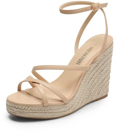 DREAM PAIRS Strappy Espadrille Platform Wedge Sandals for Women Dressy Summer, Comfortable Open Toe Sandals with Cushioned Insole and Ankle Strap Buckle,Size 8,Nude,SDPW2421W