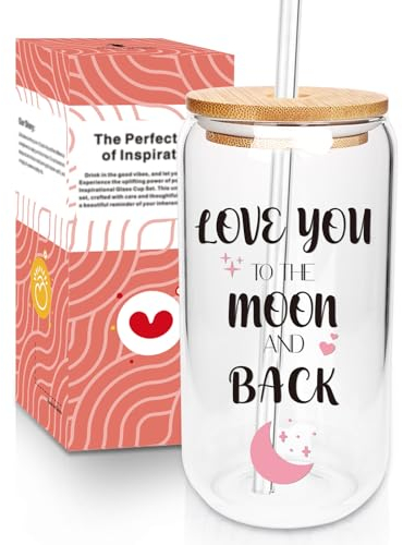 ANOTION Kaffeetassen – I Love You To The Moon And Back, Kaffeetasse aus Glas mit Deckel und Strohhalmen, Muttertagsgeschenk, niedliche Tasse, Valentinstagskorb, I Love You, Geschenke für Sie und