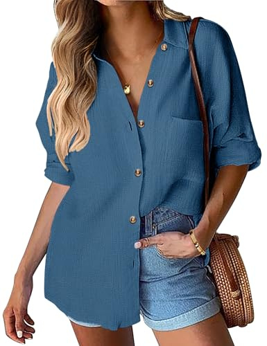 Hotouch Damblus bomull skjorta fritid långärmad skjorta blus v-ringad elegant för knappar långärmad skjorta casual arbetströja S–XXL, B-marinblå, S