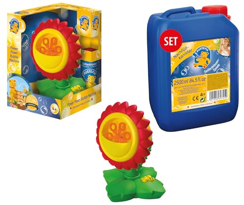 PUSTEFIX Seifenblasenmaschine Flower Power & 2,5L Nachfüllflasche I Seifenblasen Kinder Set mit Seifenblasen Flüssigkeit I Besonders viele Bunte Bubbles