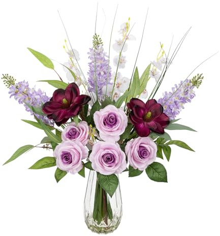 Arborus Artificial Flowers in Glass Vase with Faux Water 23.6 Purple Artificial Flowers Large Artificial Flowers Arrangement Rose Fake Hyacinth Flower for Table Centrepiece Spring Home Decor