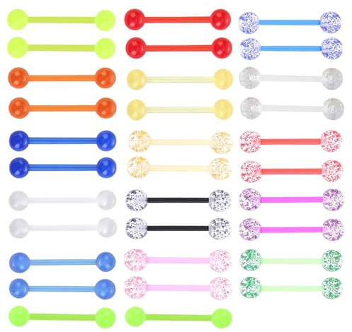 32PCS Plastic Tongue Bars Set 14G Acrylic Glow-In-Dark Glitter Nipple Rings Clear Piercing Valentine Jewelry Graduation Gift 16mm Flexible Straight Barbell Body Piercings for Women Men Vacation