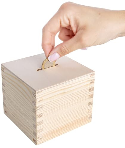 Creative Deco Spardose Holz | Geldbox | 9,5 x 9,5 x 9 cm | Sparbüchse | (+/- 0,5 cm) Sparschwein | Rohes Kiefernholz | Perfekt als Sparbox, Decoupage Box | Für Kinder, Erwachsene