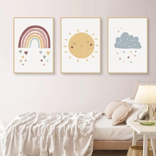 Ueiwffzo 3er Poster Set Bilder Kinderzimmer, Niedliche Regenbogen Sonne Wolken Wandbilder ohne Rahmen, Ausgezeichnete Leinwandbilder Wanddeko für Kinderzimmer Babyzimmer Spielzimmer (40 x 50 cm)