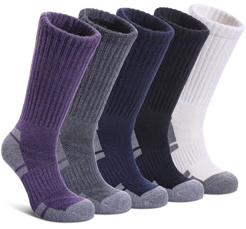 NOCIN COLOR Merino Wool Hiking Socks for Women Men Thermal Winter Warm Boot Socks Athletic Work Cozy Cushion Socks 5 Pairs, Black/Navy Blue/ Dark Gray/White/Purple, M