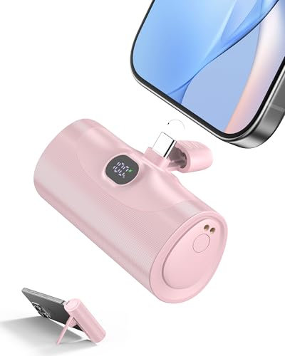Mini Universal Bateria Externa Carga Rapida Power Bank, 5000mAh Cargador Portatil Movil con Soporte Integrado, Powerbank Conector USB-C Plegable Compatible Samsung iPhone 15/16 Android, Rosa Claro