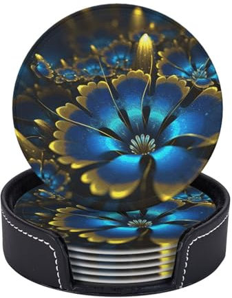 Getränkeuntersetzer mit Halter, 6 Stück, blau, goldene Blume, Leder, runde Untersetzer für Getränke, wasserdicht, hitzebeständig, Untersetzer, Tassenpolster für Couchtisch, Küche, Esszimmer, Bar,