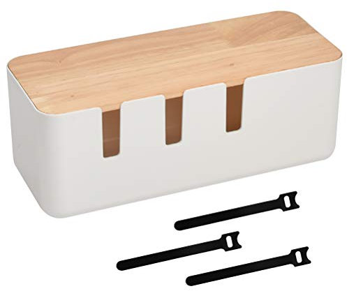 Kabelbox Weiß Kabelmanagement Box mit Holzdeckel 30.2 * 12.5 * 11.5cm Kabel-Organizer ABS Kabel Aufbewahrungsbox mit Gummifüßen und Klettverschluss Für Kabel/Steckdosenleisten Schutz und Sicherheit