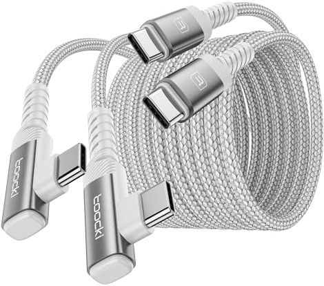 toocki 60 W vinklad USB C-kabel, 3 m, 2 st USB C till typ C-kabel, 90 grader, snabbladdning, med PD3.0 QC3.0 för iPhone 15 Plus Pro Max MacBook Pro, iPad Galaxy S24 Plus, Ultra S23, vit