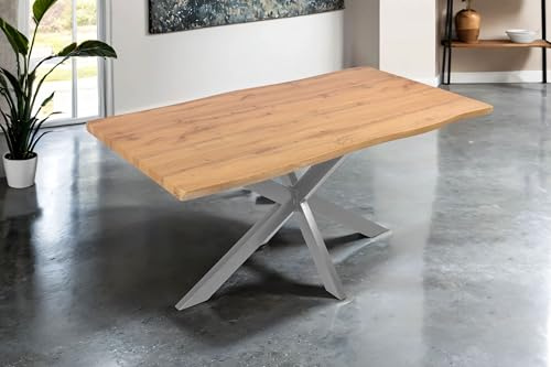 SAM Esstisch Josy 160x85 cm Holz Wildeiche-Optik Spider-Gestell Silber | 40 mm Tischplatte mit Baumkante, Metallgestell, Tisch für Esszimmer & Küche