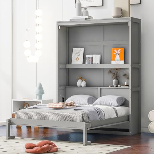 Ball & Cast Full Size Murphy Bed Wall Bed with Shelves and Mattress Holder,Wood Hideaway Cabinet Chest w/Slat Support,can be Folded,for Small Room,Dorms,Gray