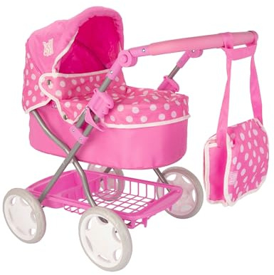 Dolly Tots Cherish Passeggino per bambole, rosa e bianco, manico regolabile e tettuccia, design piatto pieghevole, con borsa per pannolini abbinata, copertura rimovibile e spazio sotto il sedile |