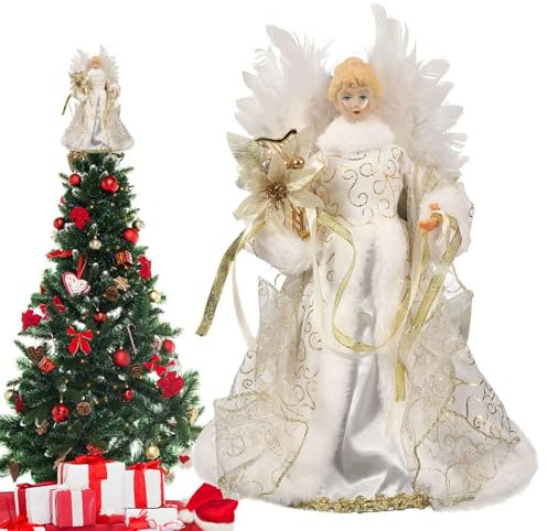Weihnachtsengel Baum Dekoration – Weihnachtsbaum Engel Baum Top, Weihnachten Engel Baum Top, Engel Baumoberteil, Engel Baumoben mit weißen Federflügeln für Weihnachtsbaum für Weihnachtsdekoration