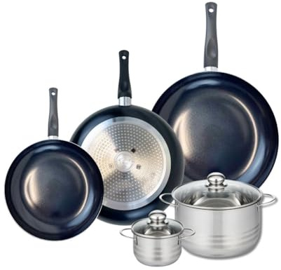 Elo Batterie cuisine 3 poêles 24/28/32 cm et 2 faitouts 12/20 cm | 3 poêles et 2 faitouts, Aluminium noir, Poêles 24 28 32 cm, Faitouts 12 20 cm, Induction et lave vaisselle, Inox