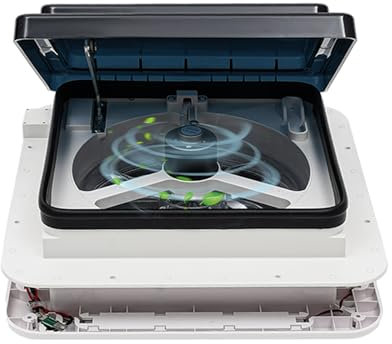 pochcicou Fenêtre de toit pour caravane - 12 V - Ventilateur d'extraction avec LED et filet anti-insectes - Ventilation de fenêtre de toit pour caravane - 28 x 28 cm