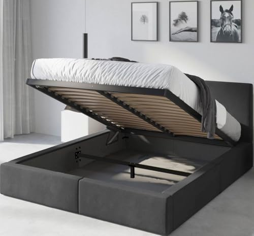 Interbeds Letto matrimoniale imbottito Hilton con struttura, box contenitore, imbottitura idrofobica (grafite, 120x200)