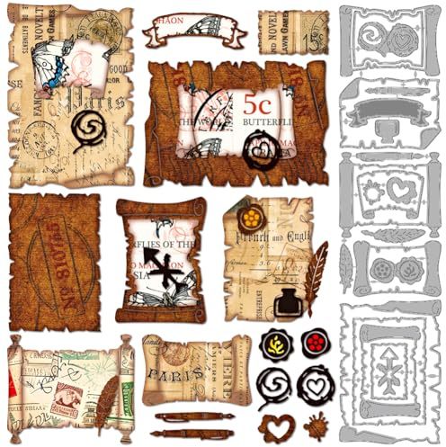 MAYJOYDIY Pergament Metall Stanzformen Briefpapier Federn Stanzformen Vintage Tintenstifte Prägeschablonen Scrapbook Werkzeug Für DIY Scrapbooking Basteln Grußkarte Album Geschenkdekor