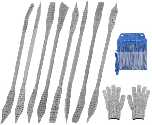 Omninmo 8 limas y escofinas de madera con guantes resistentes a los cortes, kit de tallado de madera, juego de escofina de doble extremo, juego de limas de forma especial para carpintería