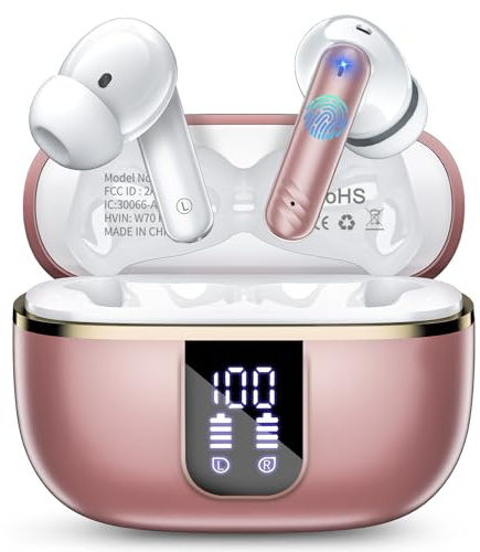 Ecouteurs Bluetooth sans Fil, Écouteurs Bluetooth 5.4 avec Stéréo 3D HiFi, 4 Mic ENC, 46H Récréation Ecouteurs sans Fil avec Écran LED, IPX7 Étanche Oreillette Bluetooth pour iOS Android, Or rose