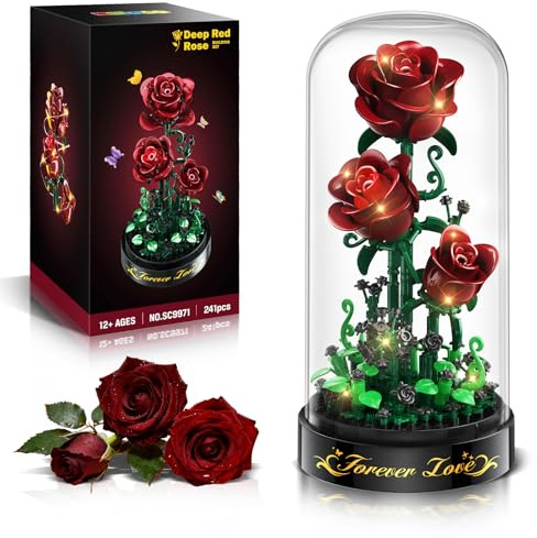HiWEEGO Blumen Rosen Bausatz mit LED Licht Burgunderrot Rosenstrauß 3.6MM | Blumenstrauß Baustein Spielzeug 241 Teile, Botanische Kollektion Deko für Home Geburtstagsgeschenk für Erwachsene und Frauen